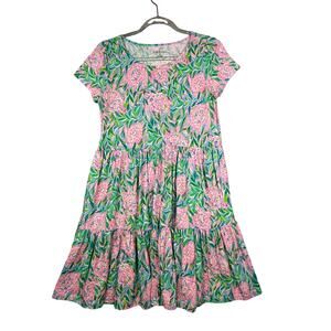 Lilly Pulitzer womans Tiered Dress Pink Green Floral Print Short Sleeve Size S